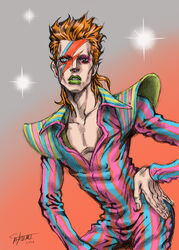  1boy 2016 aladdin_sane araki_hirohiko_(style) bad_id bad_pixiv_id blue_eyes cheekbones commentary cowboy_shot david_bowie english_commentary eyelashes facepaint green_eyes hand_on_own_hip heterochromia highres jojo_no_kimyou_na_bouken lipstick looking_at_viewer makeup male_focus orange_hair parody photoshop_(medium) real_life shirt shoulder_pads signature solo striped_clothes striped_shirt style_parody takumi_(marlboro) vertical-striped_clothes vertical-striped_shirt ziggy_stardust 