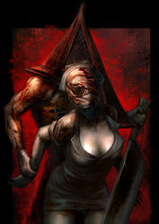  1boy bandages breasts bubble_head_nurse cleavage commentary_request female gloves hat helmet holding_another&#039;s_arm imminent_rape katekari_yuusuke large_breasts nurse nurse_cap open_clothes pale_skin photoshop_(medium) pyramid_head silent_hill_(movie) silent_hill_(series) silent_hill_2 straight sword weapon white_gloves 