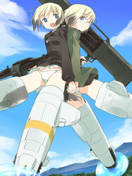  2girls asoka back-to-back blonde_hair blue_eyes brown_hair cloud commentary_request day dog_girl dog_tail drum_magazine dual_drum_magazine erica_hartmann fliegerhammer flying glasses gun holding holding_gun holding_hands holding_weapon interlocked_fingers machine_gun magazine_(weapon) mg42 military military_uniform mountainous_horizon multicolored_hair multiple_girls multishot_rocket_launcher no_pants open_mouth panties rocket_launcher short_hair siblings sisters sky strike_witches strike_witches:_suomus_misfits_squadron striker_unit tail twins two-tone_hair underwear uniform ursula_hartmann weapon white_panties world_witches_series 