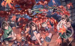  46cm_triple_gun_mount 6+girls aircraft airplane architecture bare_shoulders bird black_eyes black_hair brown_eyes brown_hair bug butterfly chick chicken commentary_request detached_sleeves doraxi east_asian_architecture fairy_(kancolle) feline fish green_eyes hat hiei_(kancolle) highres indoors japanese_clothes kantai_collection leaf long_hair looking_back maple_leaf multiple_girls net pantyhose photoshop_(medium) pleated_skirt ponytail purple_eyes reaching sailor_hat seiza short_hair sitting skirt smile souryuu_(kancolle) type_13_air_radar type_33_surface_radar water yahagi_(kancolle) 