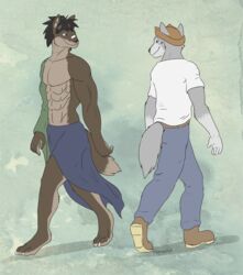  2012 abs anthro barefoot belt boots bottomwear brown_body brown_fur brown_hair canid canine canis claws clothed clothing digital_media_(artwork) duo feet footwear fur grey_body grey_fur grin hair hat headgear headwear male male/male mammal pants shirt smile smirk topwear valentinapaz walking wolf 