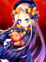  abigail_williams_(fate) absurdres black_bow black_dress black_hat blonde_hair blue_eyes blush bow commentary dress edamame_senpai fate/grand_order fate_(series) female forehead hairbow hat highres hugging_object long_hair long_sleeves looking_at_viewer orange_bow parted_bangs parted_lips photoshop_(medium) polka_dot polka_dot_bow red_background simple_background sleeves_past_wrists solo stuffed_animal stuffed_toy teddy_bear v-shaped_eyebrows very_long_hair 