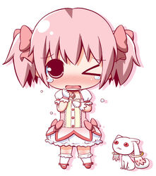  :3 blush bow chibi choker commentary_request female gerotan gloves hairbow jewelry kaname_madoka kaname_madoka_(magical_girl) kneehighs kyuubee mahou_shoujo_madoka_magica mahou_shoujo_madoka_magica_(anime) one_eye_closed pendant pink_eyes pink_hair puffy_sleeves red_eyes short_hair short_twintails skirt socks tears twintails 