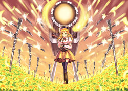  beret blonde_hair boots brown_thighhighs cannon commentary_request corset cup detached_sleeves drill_hair fate/stay_night fate_(series) female field_of_blades fingerless_gloves firing flower full_body gate_of_babylon_(fate) gloves gun hair_ornament hairpin hat huge_weapon magical_girl magical_musket mahou_shoujo_madoka_magica mahou_shoujo_madoka_magica_(anime) multiple_weapons muzzle_flash ornate planted pleated_skirt puffy_sleeves ribbon rifle shingo_(picturepuzzle) shirt skirt solo striped_clothes striped_thighhighs taut_clothes taut_shirt teacup thighhighs tiro_finale tomoe_mami tomoe_mami_(magical_girl) twin_drills twintails unlimited_blade_works_(fate) vertical-striped_clothes vertical-striped_thighhighs weapon yellow_eyes yellow_theme zettai_ryouiki 