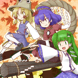  3girls bad_id bad_pixiv_id chibi detached_sleeves frog gimicalmas hat kochiya_sanae lowres moriya_suwako multiple_girls snake touhou yasaka_kanako 