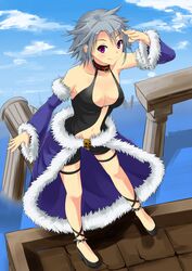  breasts choker cleavage column commentary_request detached_sleeves female fur-trimmed_sleeves fur-trimmed_waist_cape fur_trim grey_hair highres kurohachiboku large_breasts leaning_forward looking_at_viewer pillar purple_eyes ragnarok_online salute short_hair short_shorts shorts smile solo spiked_anklet stalker_(ragnarok_online) waist_cape water 