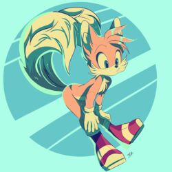  2017 absurd_res anthro big_eyes big_head black_nose blue_eyes canid canine clothing dipstick_tail footwear fox fur gloves handwear hi_res kittenpawprints male mammal markings mostly_nude multicolored_tail sega signature smile solo sonic_the_hedgehog_(series) tail tail_markings tails toony white_body white_fur yellow_body yellow_fur 