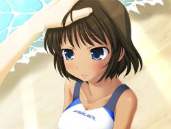  beach bellybutton bikini blue_eyes blush breasts brown_hair cleavage dark_skin dark_skinned female game_cg hand_on_head koi_to_mizugi_to_taiyo_to large_breasts male_hand navel ocean one-piece_swimsuit one_piece_swimsuit open_mouth outdoors pov sand shore short_hair smile sunlight sunshine swimsuit tan tanline water waves white_bikini white_swimsuit 