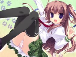  :d ahoge arm_up black_thighhighs brown_hair commentary_request female green_skirt hinamidori_chiwa long_hair looking_at_viewer lying miniskirt on_back open_mouth panties pantyshot plaid plaid_skirt pochi_to_goshujin-sama purple_eyes school_uniform serafuku skirt smile solo striped_clothes striped_panties thighhighs underwear yukie_(peach_candy) 