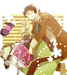  1boy alvin_(tales) blonde_hair blush brown_eyes brown_hair commentary_request doll elize_lutus female grin photoshop_(medium) satsu scarf smile tales_of_(series) tales_of_xillia teepo_(tales) 