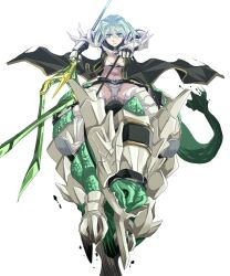  angry armor barding cleavage_cutout clothing_cutout commentary_request dinosaur dinosaur_riding fantasy female green_eyes green_hair leaning_forward lipstick makeup midriff mr.romance ragnarok_online riding rune_knight_(ragnarok_online) short_hair solo thighhighs weapon 