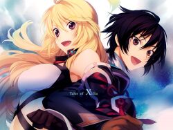  1boy :d akiyoshi_haru black_hair blonde_hair brown_eyes copyright_name female gloves happy jude_mathis locked_arms long_hair milla_maxwell open_mouth red_eyes shirt sky smile strapless tales_of_(series) tales_of_xillia taut_clothes taut_shirt tube_top 