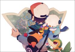  1boy 21grams bad_id bad_pixiv_id bag baseball_cap black_border black_hair border flower food from_behind fruit hat hilbert_(pokemon) holding holding_flower hood hood_basket hood_down long_sleeves map on_shoulder oshawott photoshop_(medium) pokemon pokemon_(creature) pokemon_bw pokemon_on_shoulder reading shoulder_bag simple_background snivy starter_pokemon_trio tepig trick_or_treat unova_map white_background 