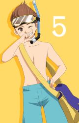  1boy bag brown_eyes brown_hair celestial_s countdown diving_mask goggles grin karol_capel karol_capel_(seaside_boy) male_focus official_alternate_costume one_eye_closed pants rubbing smile snorkel solo tales_of_(series) tales_of_vesperia topless_male yellow_background 