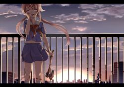  axe backlighting blood blood_stain blue_skirt bow cityscape cloud commentary_request female gasai_yuno hand_on_own_face hatchet_(axe) letterboxed long_hair looking_at_viewer miniskirt mirai_nikki navel open_mouth outdoors pink_eyes pink_hair pleated_skirt railing rooftop school_uniform skirt sky socks solo standing sun sunset twintails u_jie weapon white_socks yandere 