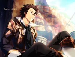  1boy akiyoshi_haru alvin_(tales) ascot boots brown_eyes brown_hair coat copyright_name male_focus pants sitting smile solo tales_of_(series) tales_of_xillia 