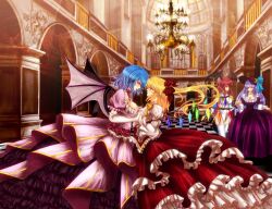  4girls aged_up alternate_costume arch bad_id bad_pixiv_id bat_wings blonde_hair blue_hair blurry blush bow breasts chandelier checkered_floor commentary_request crescent depth_of_field dome dress epaulettes flandre_scarlet flower frills garter_straps hat hat_bow head_wings highres holding_hands interlocked_fingers koakuma long_hair medium_breasts multiple_girls no_headwear patchouli_knowledge perspective photoshop_(medium) ponytail purple_eyes purple_hair red_eyes red_flower red_hair red_rose remilia_scarlet rose short_hair touhou untue very_long_hair wings 