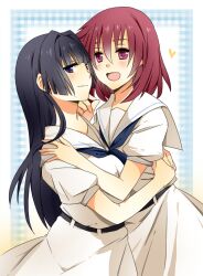  2girls :d bad_id bad_pixiv_id black_eyes black_hair couple hair_intakes hand_on_shoulder hirose_sumire hug long_hair miyanaga_teru multiple_girls open_mouth red_eyes red_hair saki_(manga) sao_(0060) school_uniform shiraitodai_school_uniform short_hair smile yuri 