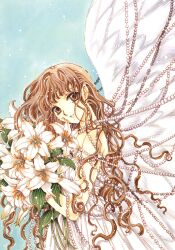  absurdres angel_wings bare_shoulders bouquet brown_eyes brown_hair clamp_(circle) dress female flower gem head_tilt highres holding holding_flower light_smile lily_(flower) long_hair looking_at_viewer monou_kotori non-web_source official_art pearl_(gemstone) photoshop_(medium) scan scan_artifacts sleeveless smile solo traditional_media wavy_hair white_dress wings x_(manga) 