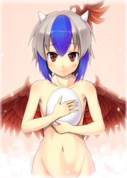  bad_id bad_pixiv_id blue_hair blush collarbone completely_nude egg female grey_hair groin head_wings hinami_(hinatamizu) holding holding_egg horns multicolored_hair navel nude out-of-frame_censoring red_eyes red_wings short_hair single_head_wing smile solo tokiko_(touhou) touhou two-tone_hair wings 