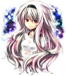  absurdres ayakashi_banashi bad_id bad_pixiv_id black_bra blush bra collarbone female hairband highres lingerie long_hair original red_eyes see-through shirasagi_hiiragi shirt solo underwear upper_body white_hair yoshida_hideyuki 