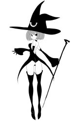  ass boots commentary_request detached_sleeves female gloves greyscale hat ken_(koala) looking_back monochrome original photoshop_(medium) short_hair simple_background sleeves_past_wrists smile solo staff thigh_boots thighhighs witch_hat 