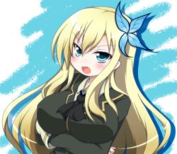  blonde_hair blue_eyes blush boku_wa_tomodachi_ga_sukunai breasts bug butterfly butterfly_hair_ornament commentary_request crossed_arms female hair_ornament kashiwazaki_sena large_breasts long_hair oborotsuki_kakeru open_mouth school_uniform solo st._chronica_academy_school_uniform 