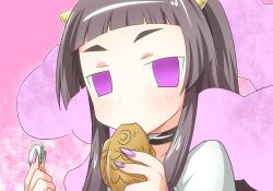  black_hair choker coin commentary_request eating female food horns kami_nomi_zo_shiru_sekai long_hair lune_(kaminomi) nail_polish photoshop_(medium) purple_eyes scarf solo taiyaki wagashi yuto_(dialique) 