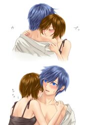  1boy biting blue_eyes blue_hair blush brown_hair closed_eyes commentary_request couple female hamura_mayu kaito_(vocaloid) meiko_(vocaloid) neck_biting short_hair simple_background straight vocaloid 