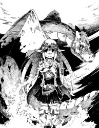  boots cape circlet commentary_request dragon female greyscale hair_ornament kannasetsuna long_hair magic miniskirt monochrome original photoshop_(medium) pleated_skirt pointy_ears skirt solo thigh_boots thighhighs 