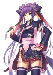  black_thighhighs commentary_request cuboon female hair_ornament hand_on_own_hip headdress japanese_clothes long_hair looking_down obi photoshop_(medium) purple_eyes purple_hair sangokushi_taisen sash solo standing thighhighs touhaku twintails whip 