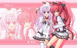  2girls amaha_miu black_legwear blush bow braid commentary_request feline frilled_skirt frills hair_ribbon hairbow highres inui_sana long_hair mashiroiro_symphony miniskirt multiple_girls nakada_rumi oerba_yun_fang open_mouth pan-nya pleated_skirt ponytail purple_eyes purple_hair red_hair ribbon school_uniform single_braid single_hair_intake skirt smile socks striped_clothes striped_skirt thighhighs white_skirt zoom_layer 