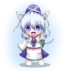  animal_ears bad_id bad_pixiv_id banned_artist blue_eyes blue_skirt blush cat_ears cat_tail chibi hat highres japanese_clothes kariginu kemonomimi_mode medium_skirt mononobe_no_futo oohirakeisuke open_mouth pointing shirt silver_hair skirt smile solo tail touhou 