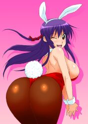  ;d animal_ears arched_back ass back bare_shoulders bent_over breasts brown_eyes bunny bunny_ear bunny_ears bunny_girl bunny_tail bunnysuit choker female female fingernails floating_hair hair_ornament hands_clasped isorashi large_breasts leotard long_hair looking_at_viewer looking_back one_eye_closed open_mouth original pantyhose pov_ass purple_hair sideboob silhouette simple_background smile solo standing tail wink wrist_cuffs 