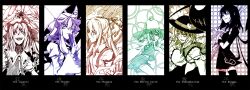  6+girls asymmetrical_wings commentary_request flandre_scarlet fujiwara_no_mokou hair_ribbon hat highres houjuu_nue komeiji_koishi makie_fujiyuki monochrome moriya_suwako multiple_girls ribbon stage_connection touhou umbrella wings yakumo_yukari 