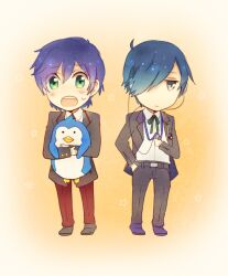  2boys bad_id bad_pixiv_id blue_eyes blue_hair chibi digital_media_player gekkoukan_high_school_uniform green_eyes hair_over_one_eye headphones look-alike male_focus mawaru_penguindrum mentaishi multiple_boys penguin_2-gou persona persona_3 school_uniform sweatdrop takakura_shouma yuuki_makoto_(persona_3) 