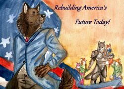  455510 anthro armor biped blue_clothing blue_topwear canid canine canis clothed clothing english_text fallout flag fox fully_clothed fur group machine male mammal microsoft orange_body orange_fur power_armor propaganda tail text topwear white_body white_fur wolf young young_anthro 