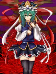  bad_id bad_pixiv_id black_skirt black_thighhighs bow commentary_request female flower frilled_skirt frills green_eyes green_hair hat hat_bow highres large_bow miniskirt photoshop_(medium) red_flower ribbon-trimmed_skirt ribbon_trim rod_of_remorse shiki_eiki shoulder_pads skirt smile solo spider_lily thighhighs touhou untue 