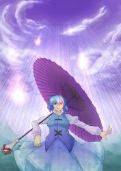  aqua_eyes aqua_hair bad_id bad_pixiv_id female heterochromia oil-paper_umbrella paint.net_(medium) purple_umbrella rain red_eyes solo tatara_kogasa toritora touhou umbrella 