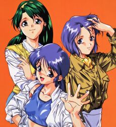  1980s_(style) 3girls artbook blue_eyes blue_hair blue_sports_bra blush breasts covered_nipples green_eyes green_hair hairband jacket lingerie long_hair medium_breasts midriff multiple_girls open_clothes open_mouth open_shirt photoshop_(medium) retro_artstyle serizawa_kasumi serizawa_miki shirt shoko_(super_real_mahjong) short_hair simple_background sleeves_rolled_up small_breasts smile sports_bra super_real_mahjong tanaka_ryou tank_top underwear 