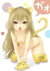  aisaka_taiga all_fours animal_ears animal_print b-man bad_id bad_pixiv_id bikini brown_eyes brown_hair female long_hair oerba_yun_fang open_mouth solo swimsuit tail thighhighs tiger_ears tiger_print tiger_tail toradora! 