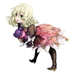  :d blonde_hair boots bow commentary_request creature dress elize_lutus female frills full_body green_eyes happy kmikan leaning_forward open_mouth purple_footwear ribbon short_hair smile tales_of_(series) tales_of_xillia teepo_(tales) 