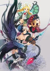  3girls :o armor armored_dress blonde_hair blue_eyes braid breasts butterfly_wings chains chkuyomi choker commentary_request crossbow detached_sleeves dress fairy flower greaves gwendolyn_(odin_sphere) hat insect_wings leg_wings long_hair low_wings medium_breasts mercedes_(odin_sphere) multiple_girls multiple_wings odin_sphere photoshop_(medium) polearm purple_eyes red_eyes short_hair small_breasts spear strapless strapless_dress tiara twin_braids valkyrie velvet_(odin_sphere) weapon white_hair wings 