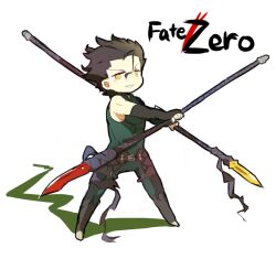  1boy armor bad_id bad_pixiv_id black_hair chibi diarmuid_ua_duibhne_(lancer)_(fate) fate/zero fate_(series) gae_buidhe_(fate) gae_dearg_(fate) male_focus mole mole_under_eye niwashigu_(mmttmm) polearm solo spear weapon yellow_eyes 