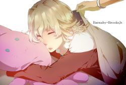  2boys barnaby_brooks_jr. blanket blonde_hair commentary_request covering_with_blanket jacket kaburagi_t._kotetsu male_focus multiple_boys no_eyewear red_jacket sleeping stuffed_animal stuffed_rabbit stuffed_toy tiger_&amp;_bunny yuzuki12 