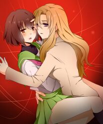  2girls bad_id bad_pixiv_id black_legwear blonde_hair brown_hair hug leg_up mawaru_penguindrum multiple_girls oginome_ringo orange_eyes purple_eyes sao_(0060) tokikago_yuri yuri 