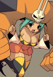  aqua_hair bad_id bad_pixiv_id bare_shoulders blush boots breasts cerebella_(skullgirls) cleavage curvy dark-skinned_female dark_skin detached_sleeves eyeshadow female hat hip_focus large_breasts living_clothes makeup miniskirt nail_polish nama_(tadpole) open_mouth purple_eyes skirt skullgirls smile solo thick_thighs thigh_boots thighhighs thighs vice-versa_(skullgirls) wide_hips 