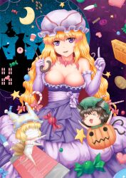  &gt;_&lt; 4girls :3 alternate_costume animal_ears bare_shoulders bat_(animal) blonde_hair breasts brown_hair candy cat_ears cat_tail chen cleavage clock clock_tower closed_eyes commentary_request crescent_moon elbow_gloves food fox_tail frilled_gloves frills gloves halloween hat hat_ribbon heart jack-o&#039;-lantern kirisame_marisa large_breasts long_hair moon multiple_girls multiple_tails mummy nazal open_mouth photoshop_(medium) pumpkin purple_eyes purple_gloves ribbon short_hair silhouette sweets tail touhou tower yakumo_ran yakumo_yukari 