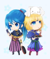  1boy arie9 bad_id bad_pixiv_id blonde_hair blue_eyes blue_hair female lu_xun sangokushi_taisen sun_huan 