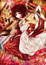  akasia bagua bow commentary_request detached_sleeves female hair_tubes hairbow hakurei_reimu highres ofuda red_bow red_eyes red_hair solo touhou trigram yin_yang 